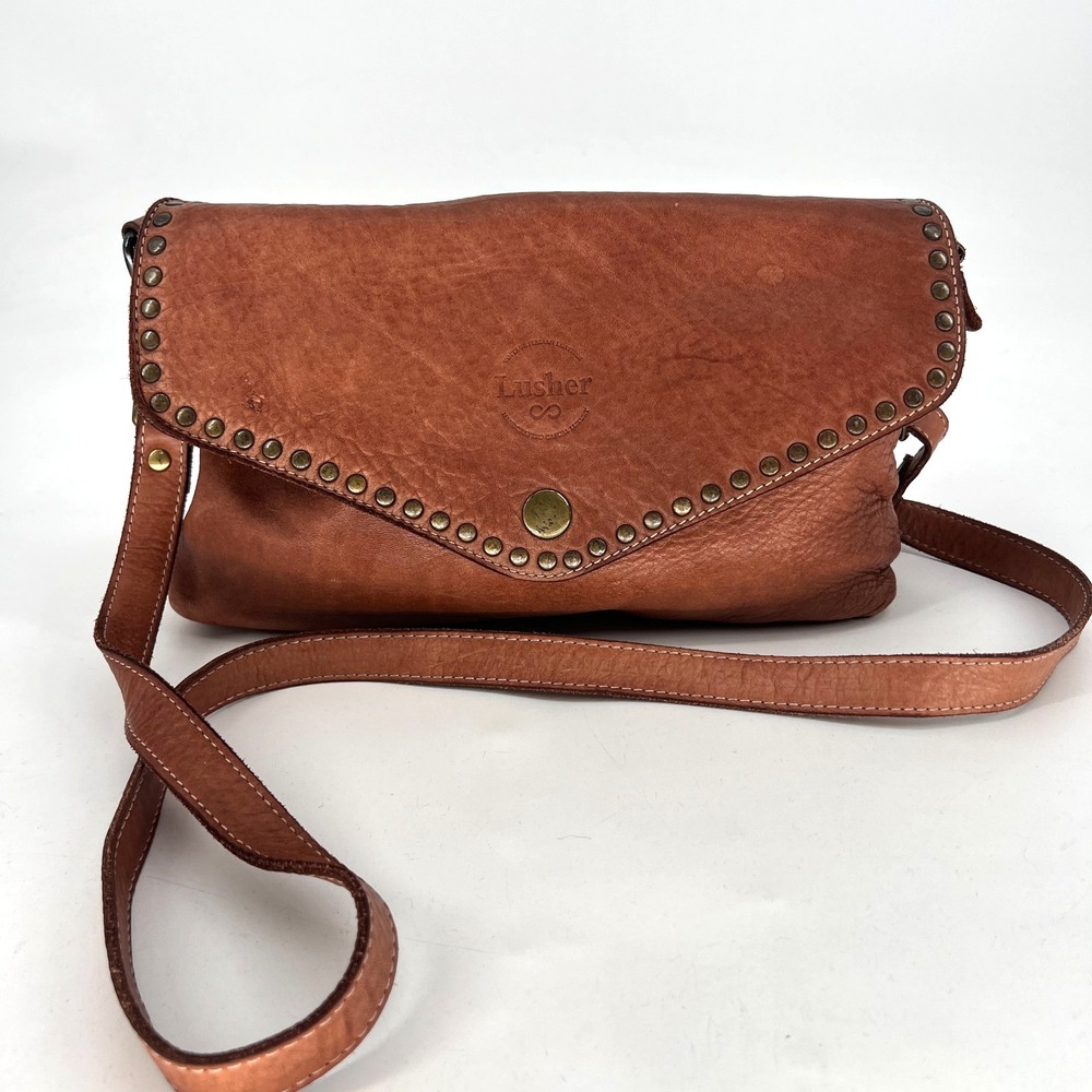 Lusher Leather Crossbody Handbag‎ Studded Western Soft Brown Classic Boho Rivets